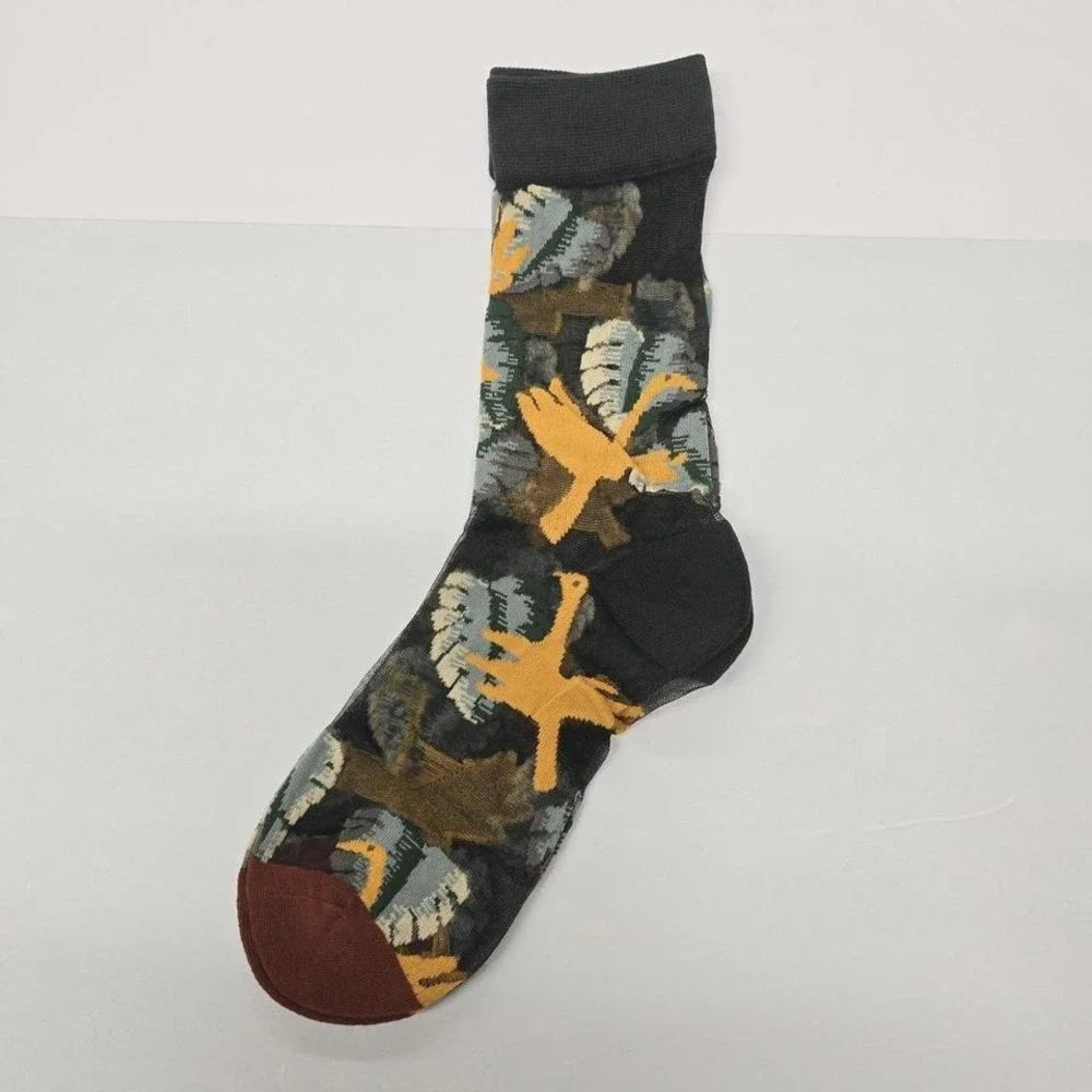 New Pair Womens Novelty Crew Socks Birds Leaves Pattern Black Rust Size One Size